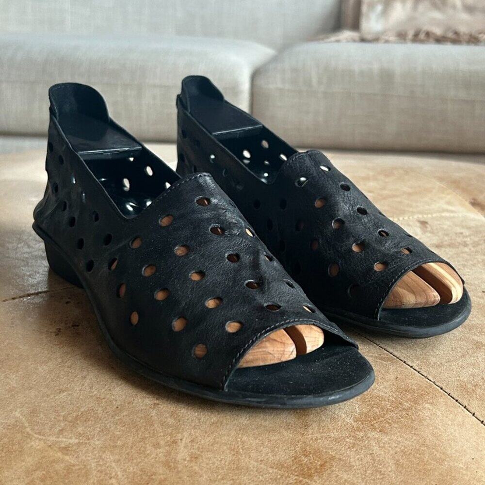 Sesto Meucci Black Sandals Soft Leather Perforated Comfort Wedge Italy Women 38 - Picture 4 of 10